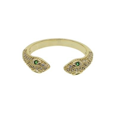 Bague Serpent Deux Têtes aux Yeux Verts Or